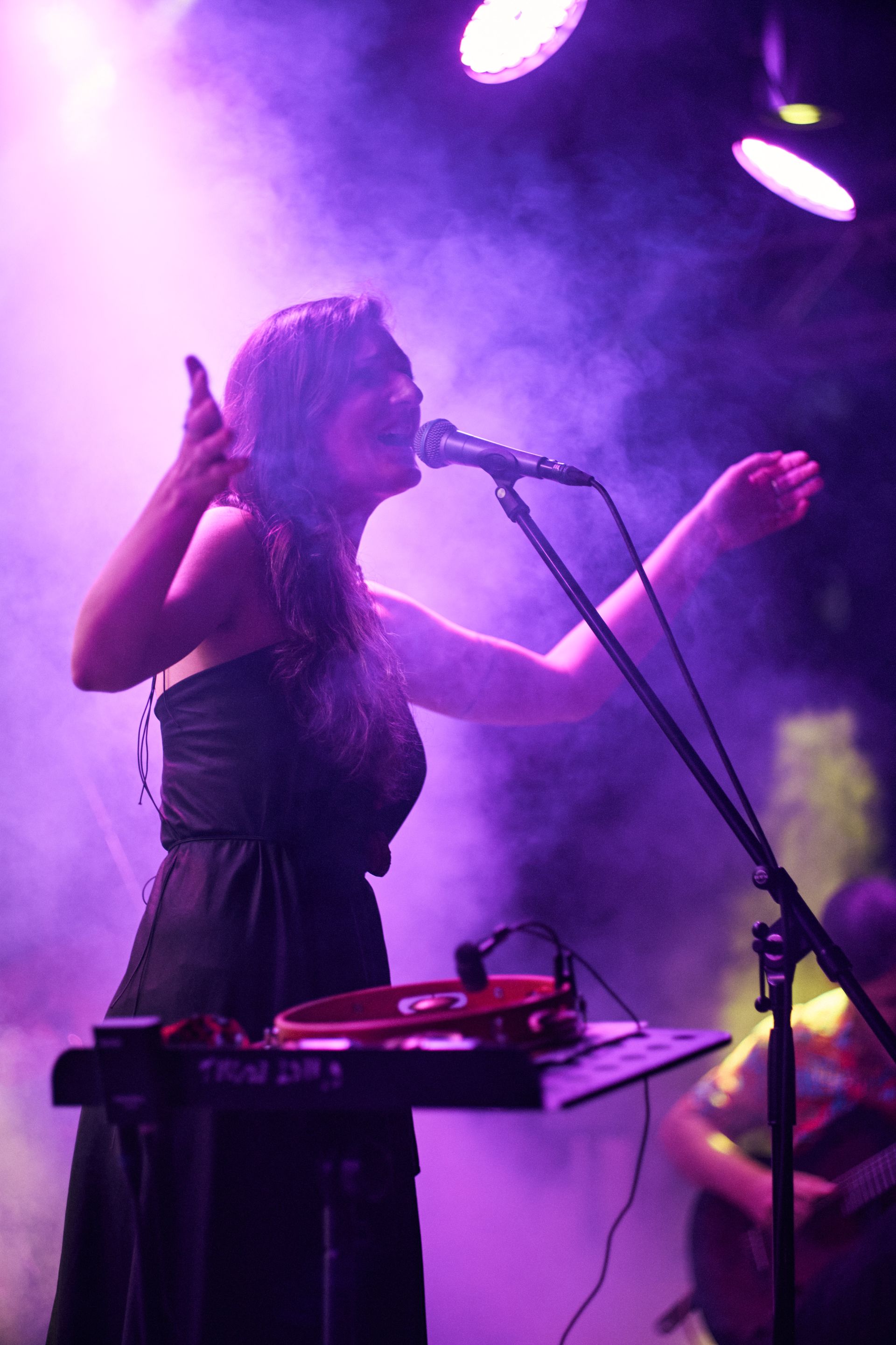 Mara Halunga performing under purple stage lights
